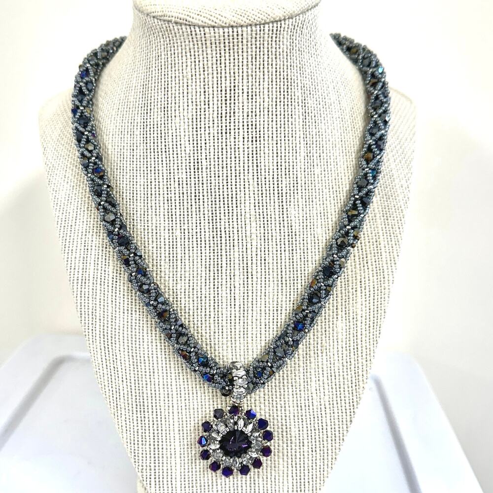 Black purple silver hand beaded necklace 12mm hand bezeled purple crystal  21"‎